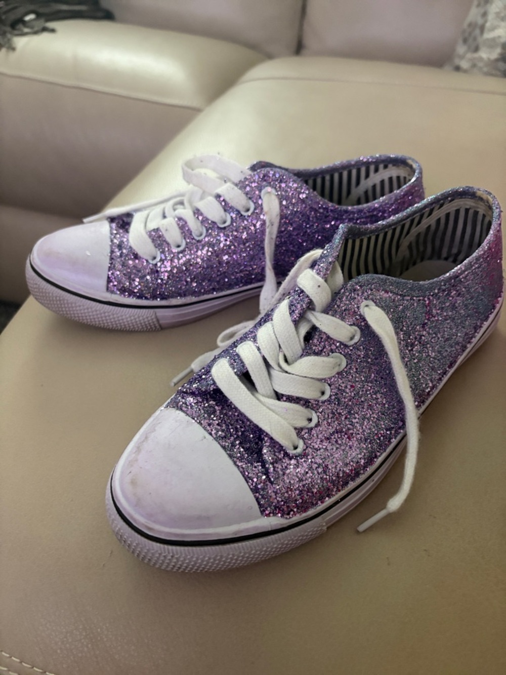 Women Purple Glitter Lace-Up Sneakers - Casual Everyday Shoes